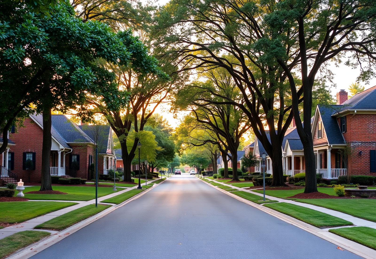 Tree-lined East Metro Atlanta street with brick homes
